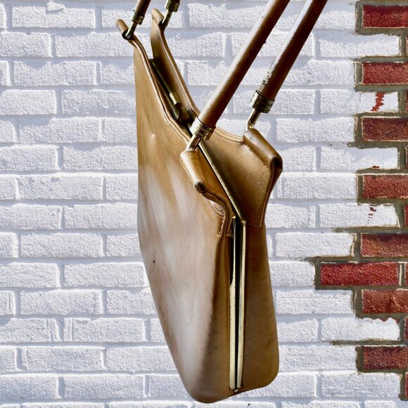 Vintage 60's Tan Brown Leather Handbag Purse with Covered Metal Handles - Picture 5 of 14